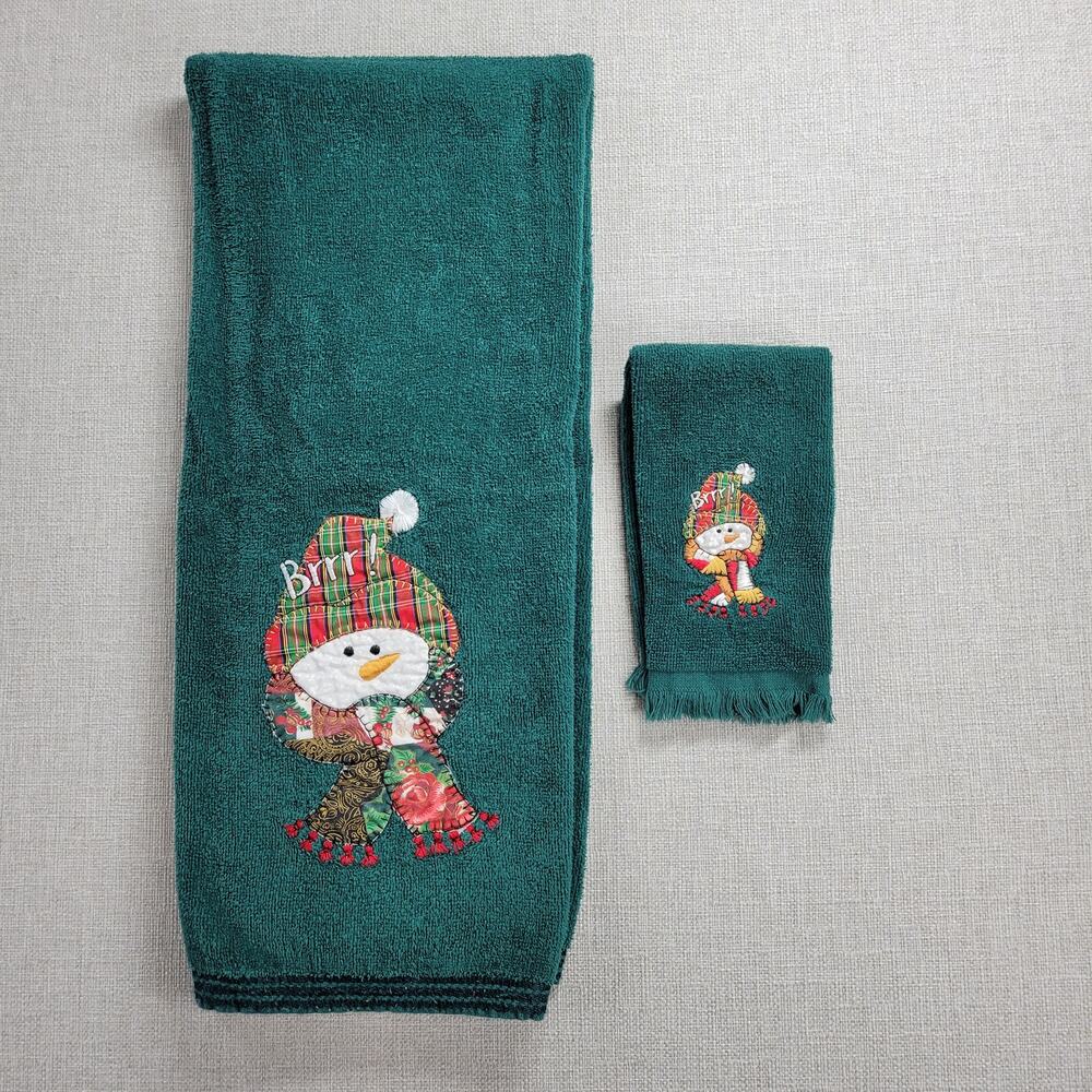 Vintage Cotton Terry Cloth Holiday Towel 2pcs Set Green Winter Snowman Holiday